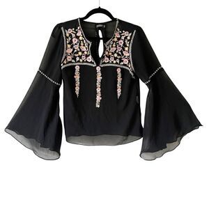 Earthbound Women's Sheer Boho Embroidered Bell Sleeve  Black Floral Top Medium